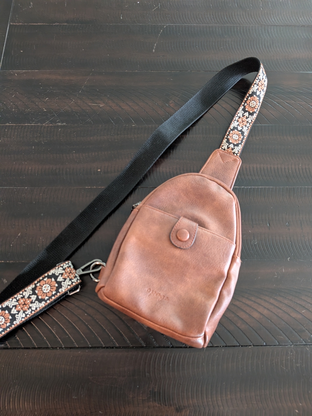 Brown Leather Crossbody Sling Bag with Patterned Strap